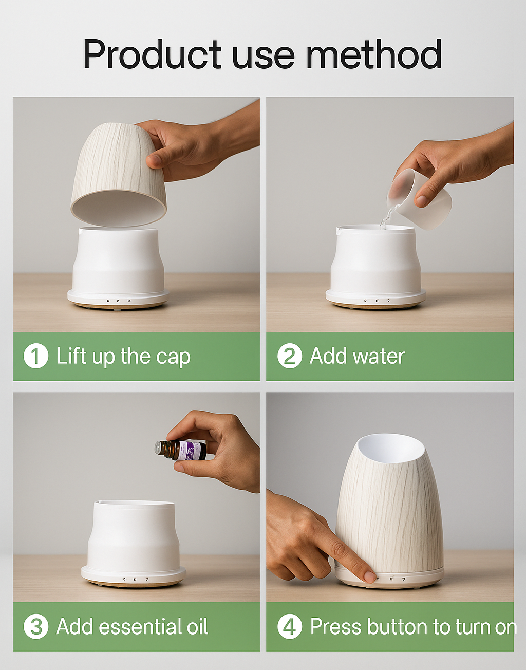 Step-by-step guide on how to use a white essential oil diffuser with colored nozzles displayed below.