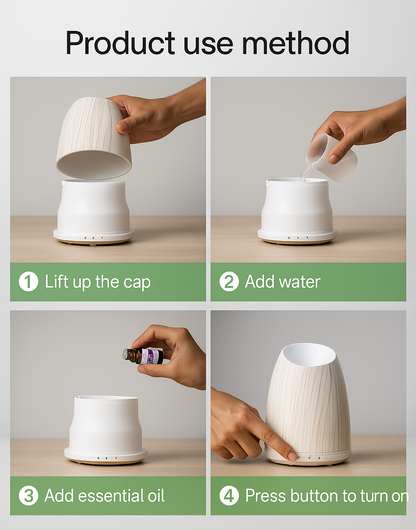 Step-by-step guide on how to use a white essential oil diffuser with colored nozzles displayed below.