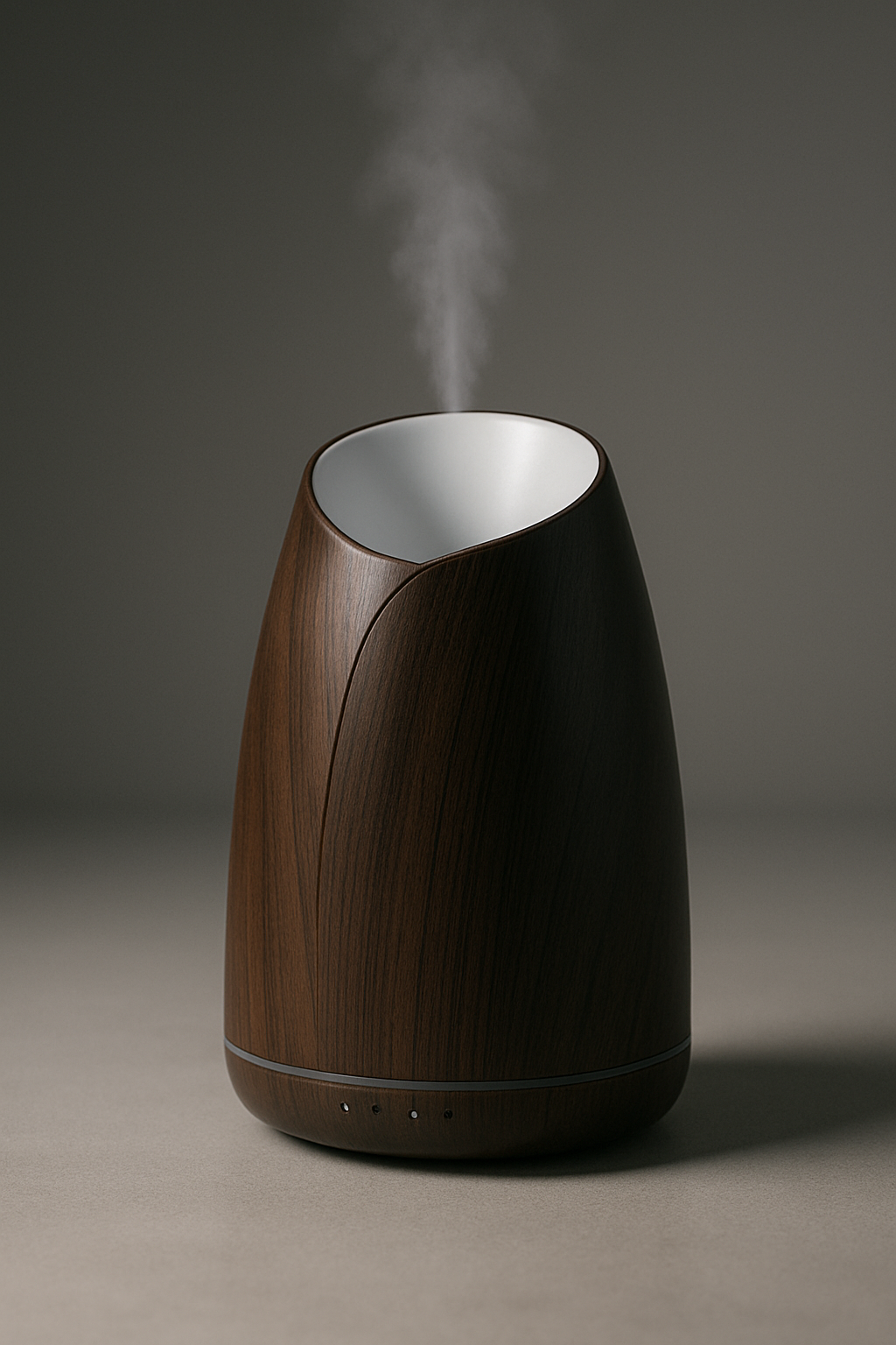 Wooden-patterned humidifier emitting steam on a dark background