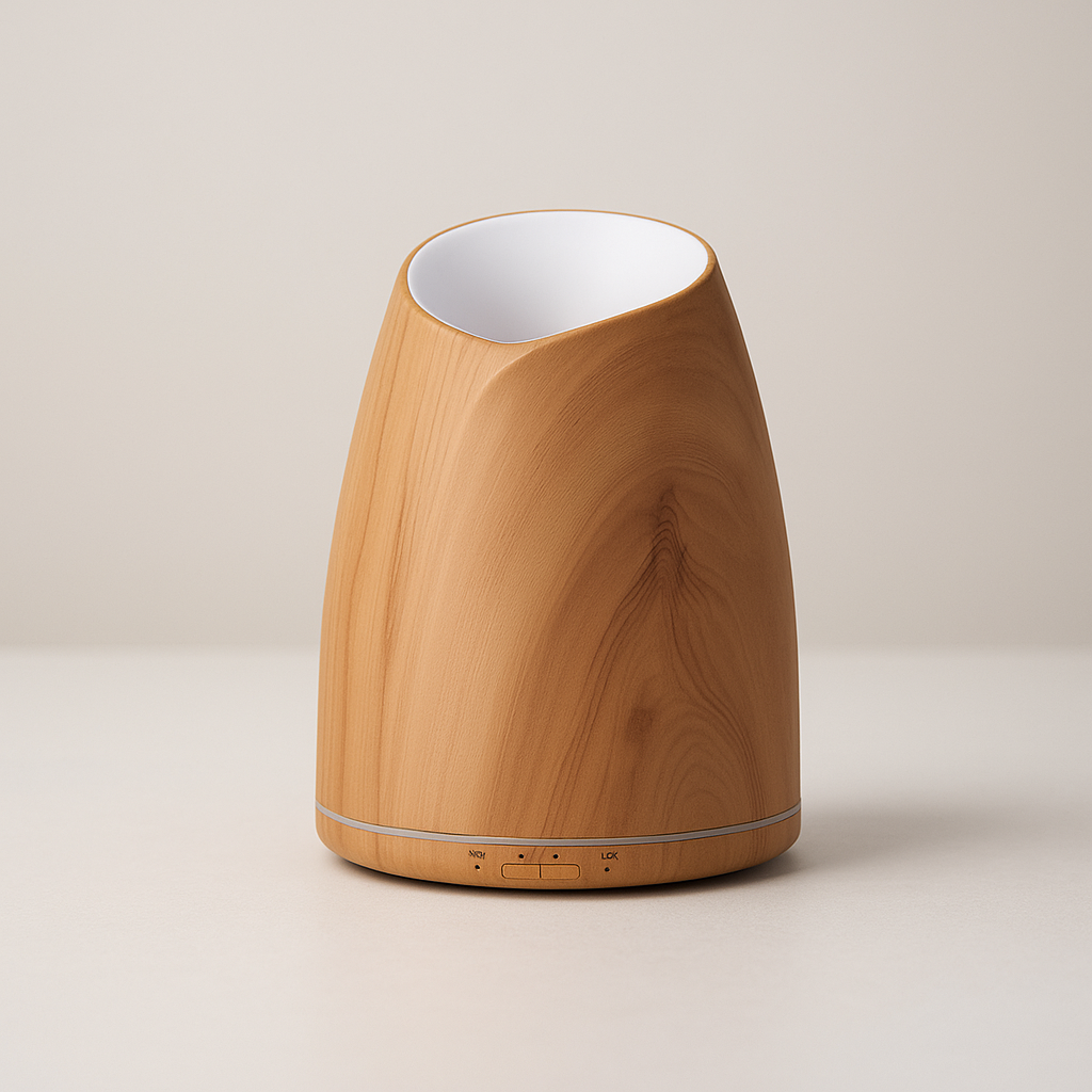 Wooden diffuser with white interior on a beige background