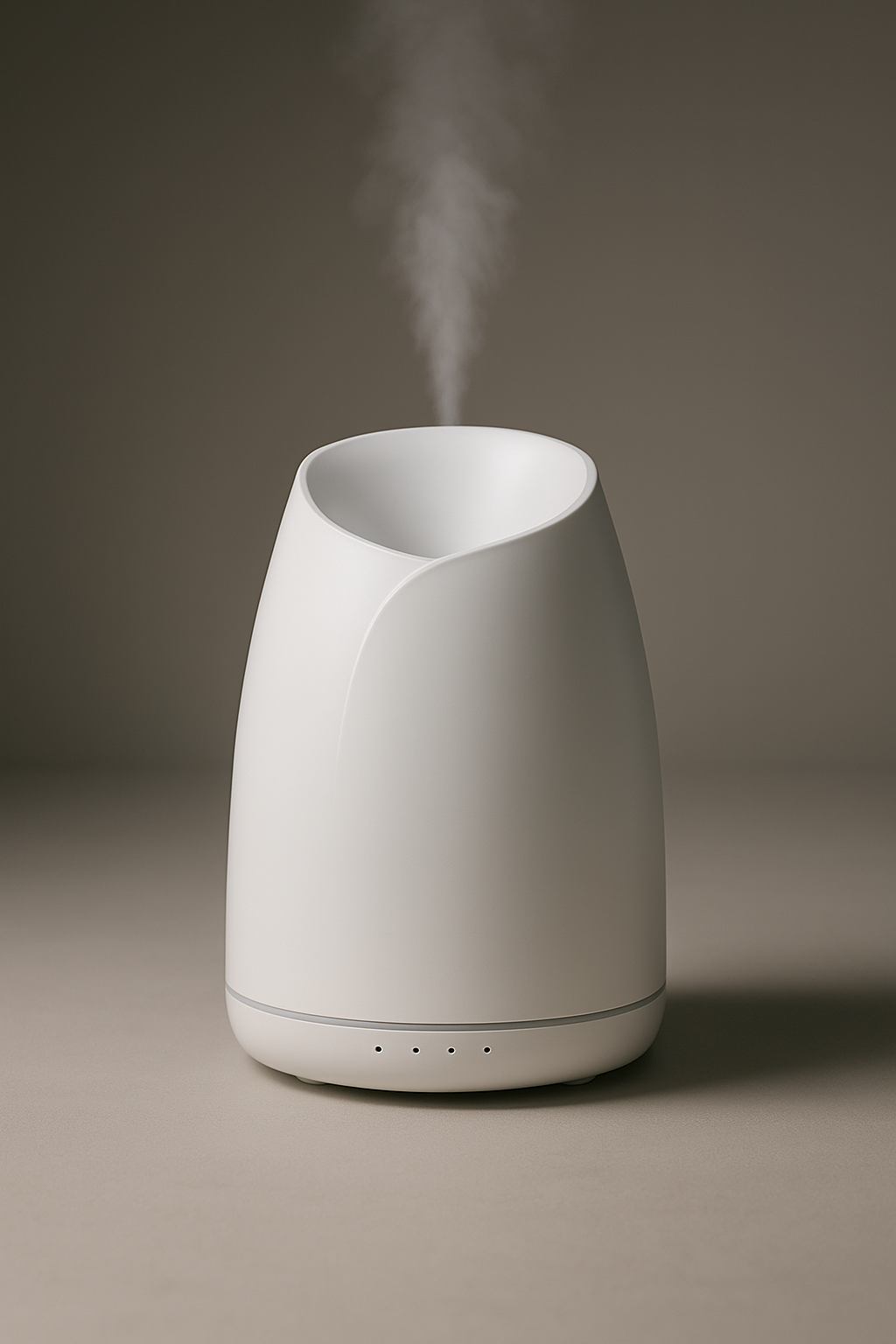 White humidifier emitting steam on a brown background