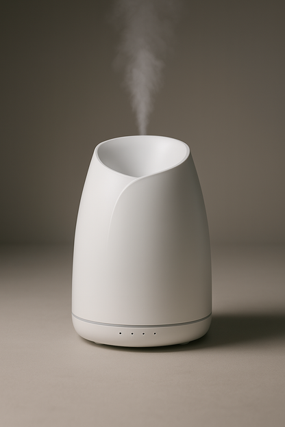 White humidifier emitting steam on a brown background